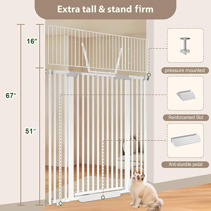 67" High Extra Tall Cat Gate for Doorway, 29.5-49.21" Extra Wide Pet Gate Pressure Mounted Baby Gates for Dogs Pets, Easy Walk Through Cat Proof Gate(White)