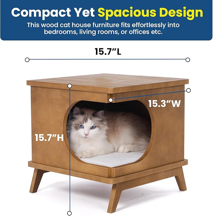 Wooden Cat Bed End Table – 15.7"x15.3"x15.7" Modern Cat Furniture for Bedroom & Living Room – Nightstand Pet House with Removable Cushion – Cat Hideaway Side Table with Natural Wood Finish