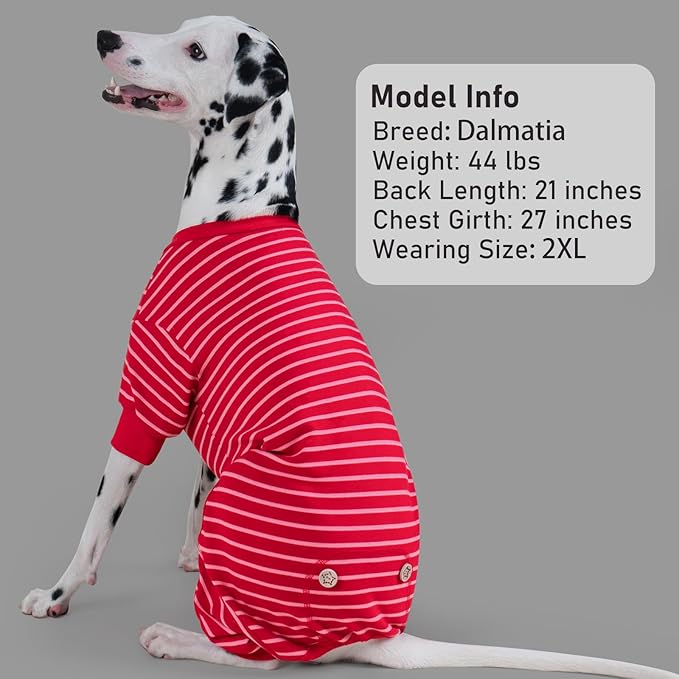 KYEESE Dog Pajamas, Stretchable Velvet Fleece 4 Legs Doggie Jammies, Striped Jumpsuit Pet Onesie, Cozy Outfit Comfortable Dog Clothes, Hair Shedding Cover Pet Sleepwear,Red Striped, Medium