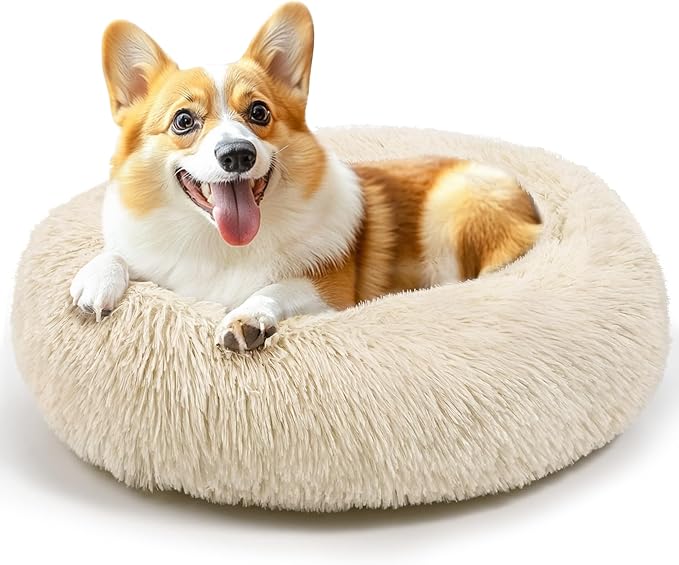28in Large Dog Bed, Medium Size Dog and Cats, Calming Donut Bed for Puppy and Kitten, Washable Round Fluffy Pet Bed (Light Brown)