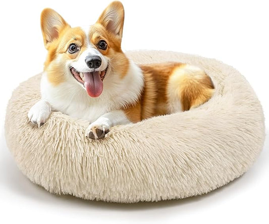 28in Large Dog Bed, Medium Size Dog and Cats, Calming Donut Bed for Puppy and Kitten, Washable Round Fluffy Pet Bed (Light Brown)