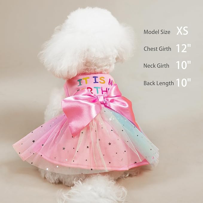 PUPTECK Print Dog Dress Pet Apparel for Birthday with Cute Bowtie Puppy Clothes Outfit, L