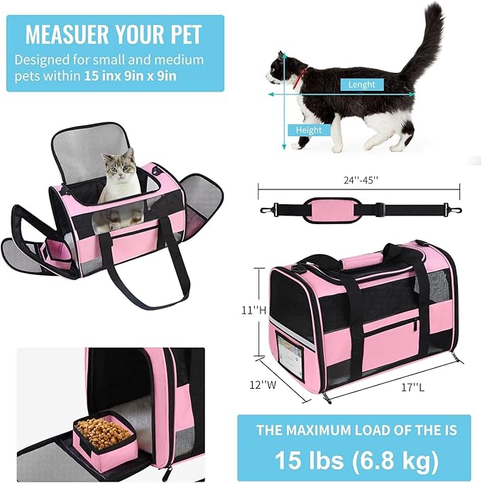 Cat Carrier, Dog Carrier, Pet Carrier for Small Dogs Medium Cats Puppies Under 15 Lbs, TSA Airline Approved Carrier Soft Sided Dog Travel Carriers, Cat Carriers with Reflective Strip - Pink