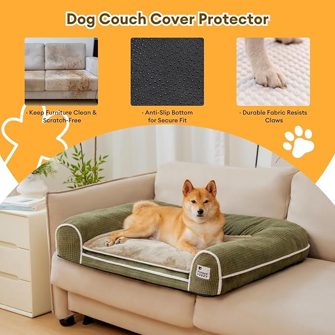 FUNNY FUZZY Orthopedic Dog Bed – Washable Dog Bed with Double Layer Plush Cushion Sofa Style Design with Bolstered Sides for Small Medium & Large Dogs Removable Cover XL Size (39.3"x26.7"x7.8") Green