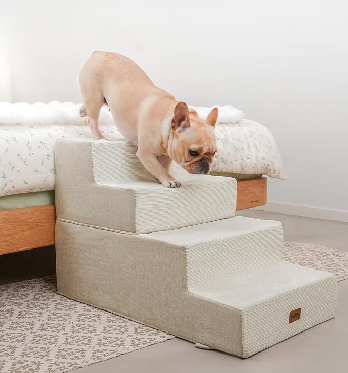 Made4Pets Dog Steps for Bed, Extra Wide Dog Stairs for High Bed Couch Sofa, 35D Foam Pet Steps for Small Dogs and Cats(Up to 40lbs), Non-Slip Bottom Pet Stairs, Beige, 4 Steps