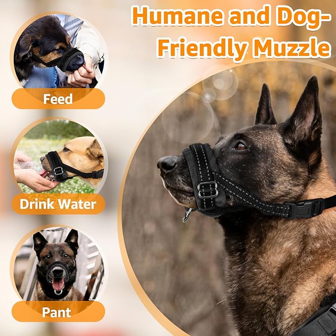 SlowTon Soft Dog Muzzle, Adjustable Padded Nylon Muzzle for Large Medium Dogs Anti Chewing Barking Biting, Allow Dog Pant & Drink (Black, M)
