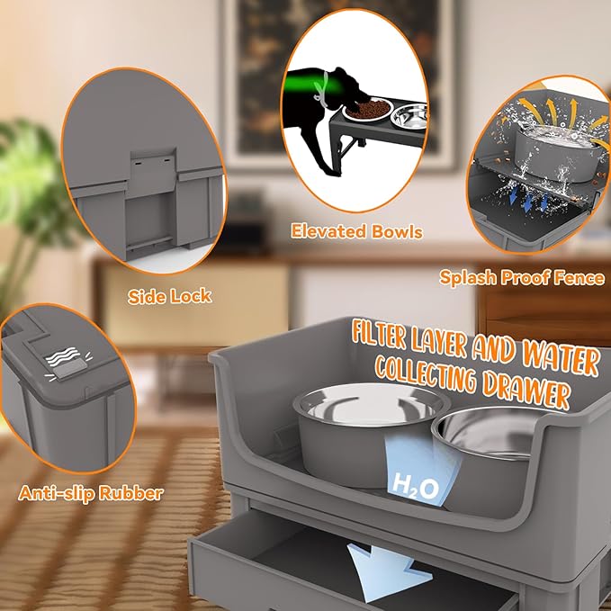 Elevated Dog Bowl Stand Set,Quiet Eating Mess Proof Raised Dog Bowls 2 Stainless Steel Pet Food Bowls,Splash Water Collection Non-Slip Medium Sized Feeding Table