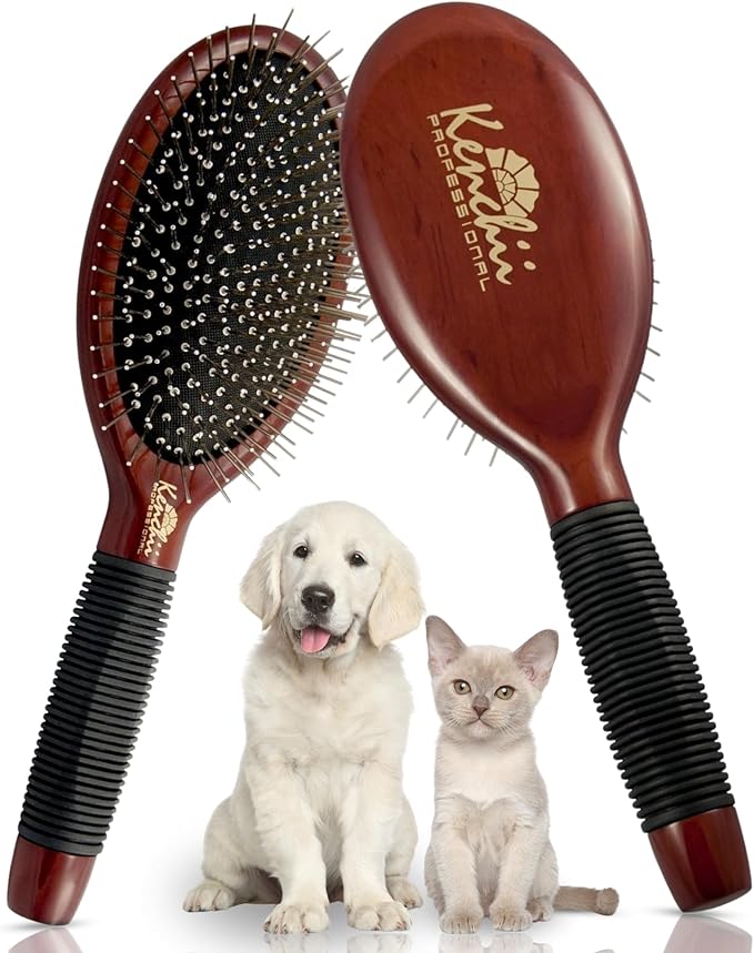 Kenchii Pet Grooming Metal Pin Brush for Dogs and Cats, Size Large, Solid Wood Handle, Non Slip Grip, Detangling and Shedding Brush for Long or Short Haired Pets, All Hair Type