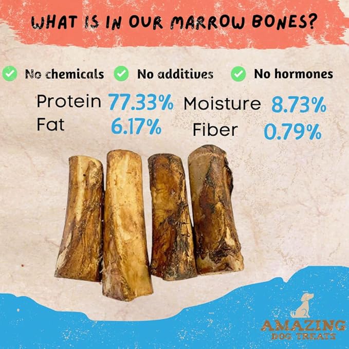 Amazing Dog Treats - 5-6 Inch Meaty Beef Marrow Bones- (6 Count) - Long Lasting Dog Chew Bones - Filled Marrow Dog Bone