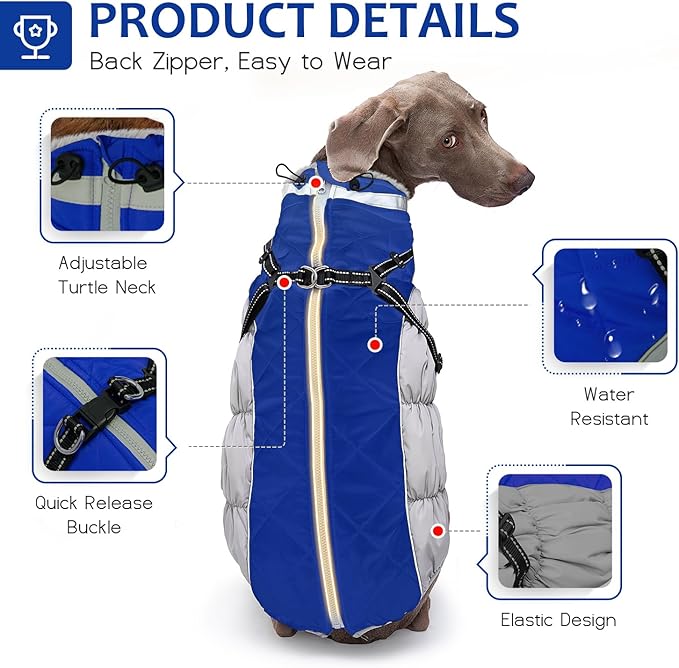 Dog Winter Coat with Harness, Dog Jacket, Pet Clothes with Zipper on Back, Waterproof Windproof Warm Vest, Reflective Cold Weather Coats, for Small Medium Large Dogs, Thick, Blue, S