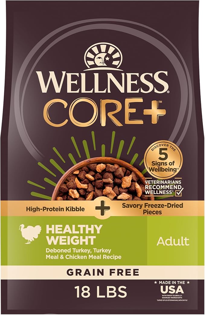 Wellness CORE+ (Formerly RawRev) Dry Dog Food with Freeze Dried Pieces, Grain Free, High Protein, Natural, Healthy Weight Turkey & Chicken Recipe, (18-Pound Bag)