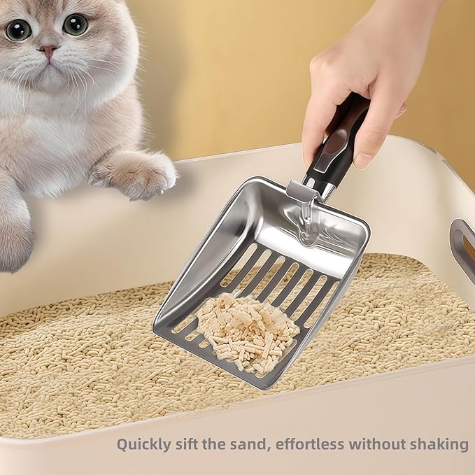 Cat Litter Scoop,Poop Sifting for Litter Box,Aluminum Alloy Sifter,Durable Kitty Metal Scooper with Long Handle Deep Shovel