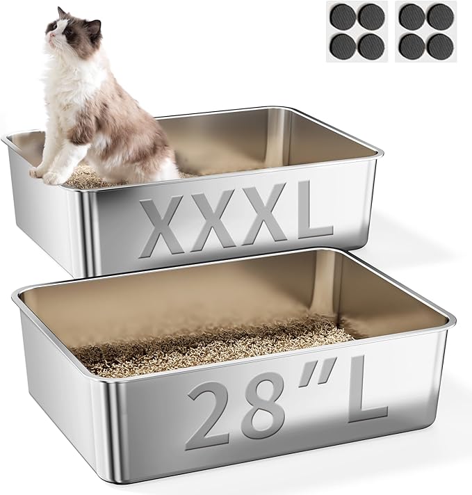 2 Pack XXXL Stainless Steel Litter Box,28" L*20" W*12.5" H Large Capacity Metal Cat Litter Box for Big & Multiple Cats,Anti-Leakage,Non-Stick Surface for Easy Cleaning,Odor-Resistant