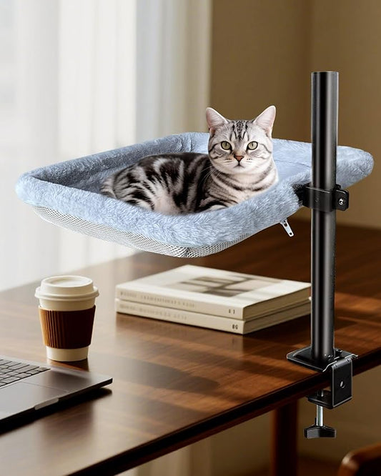 L&W BROS. Cat Desk Bed – Adjustable Desk Cat Hammock with 360° Rotating Arm, Dual-Sided Washable Cover, 35LB Capacity, 17"x14", Metal Frame