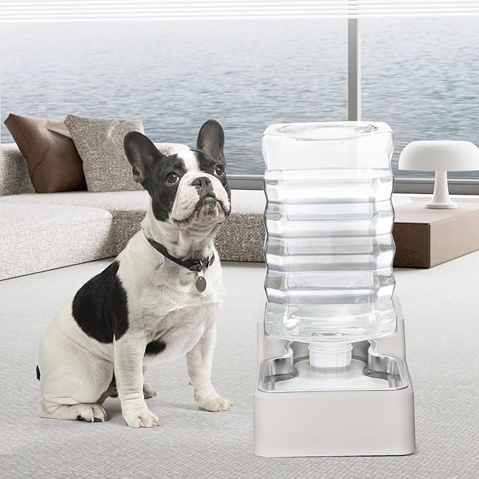 RIZZARI Stainless Steel Pet Water Feeder: 8.5L Beige Automatic Leak-Proof Gravity Dispenser for 30-60 LB Dogs with Spine Problems - Without Filter - for Living Room Kitchen