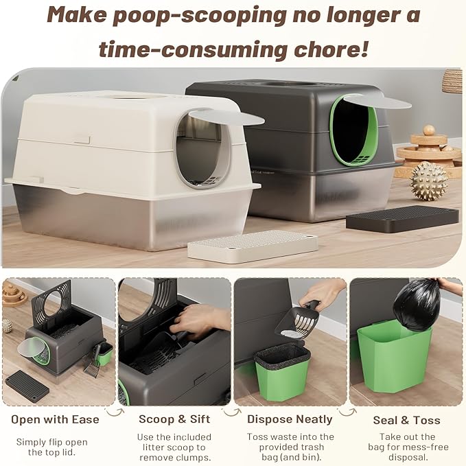 Extra Large Enclosed Stainless Steel Cat Litter Box Enclosure with Lid, Front Dual-Door and Top Exit Metal Cat Litter Pan Box for Big Cats, with Poop Scoop,Box Step, Waste Bin & Trash Bags, Black