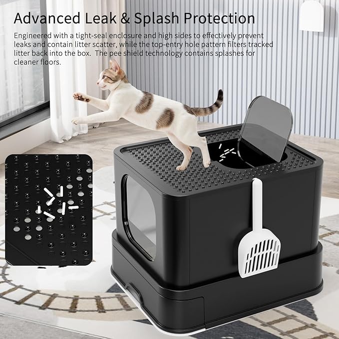 RIZZARI Enclosed Cat Litter Box: Large Stainless Steel Anti-Leak Design Controls Odor - All Black Without Deodorizer - for Cats Under 25 lbs - Ideal for Restroom Porch