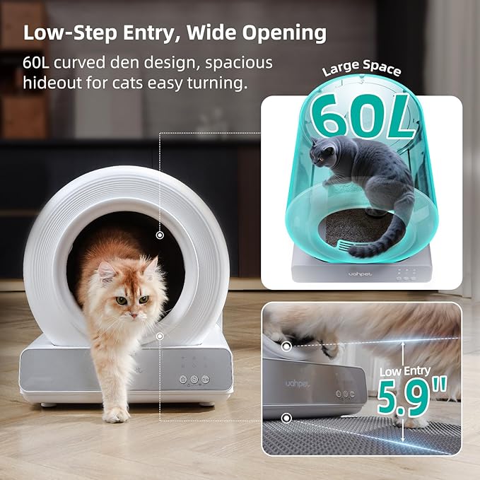 uahpet Stainless Steel Self Cleaning Cat Litter Box, Automatic Cat Litter Box with APP Control, Lower Entry, Safety Sensors Includes Mat & Trash Bags