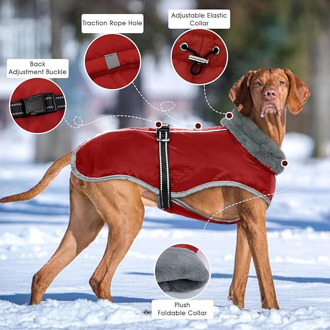 Dog Coats for Large Dogs,2XL Warm Fleece Winter Jacket,Dog Coat with Leash Hole,Waterproof Pet Cold Weather Coats Vest,Dogs Winter Clothes,Reflective Turtleneck PRT Snowsuit,Red,2XL
