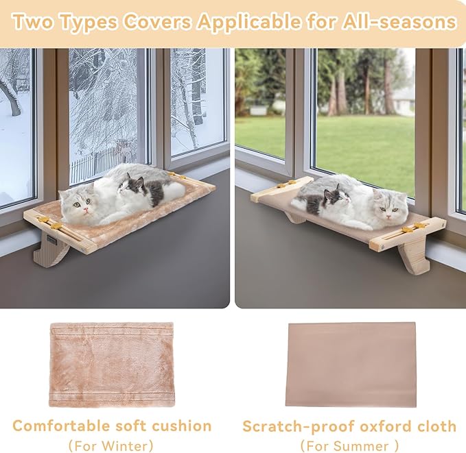 PETSFIT Cat Window Perch, Hammock Window Seat with Solid Wood Support, Metal Frame & 2 Removable Pads, Easy to Adjust & Assemble Cat Bed for Windowsill, Bedside and Drawer