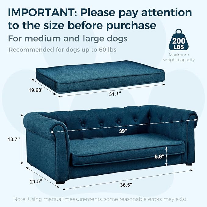 Dog Sofa Couch for Medium Dogs, 31" Memory Foam Dog Couch with Washable Fabric, Removable Cushion, Sofa Bed for Medium Dogs, Blue