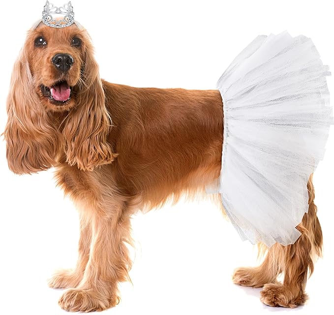 2 Pcs Dog Crown Headband Dog Tutu Dress Set Crystal Rhinestone Tiara Crown Tutu Skirt Pet Dress Costume for Puppy Birthday Party Wedding Photo Prop Costume(Medium,White)