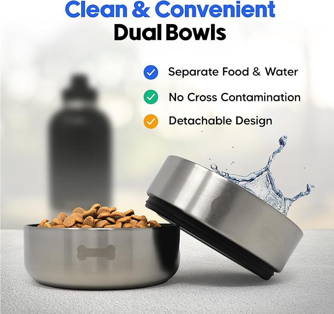 64oz Portable Dog Water Bottle for Hiking Travel Camping | 4-in-1 Stainless Steel Pet Water & Food Bowl Dispenser with Case & Strap