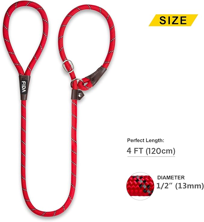 Fida Slip Leads for Dogs - 6 FT x 1/2" Heavy Duty Comfortable Strong Rope Leash for Large, Medium Dogs - No Pull Pet Training Leash with Highly Reflective Red