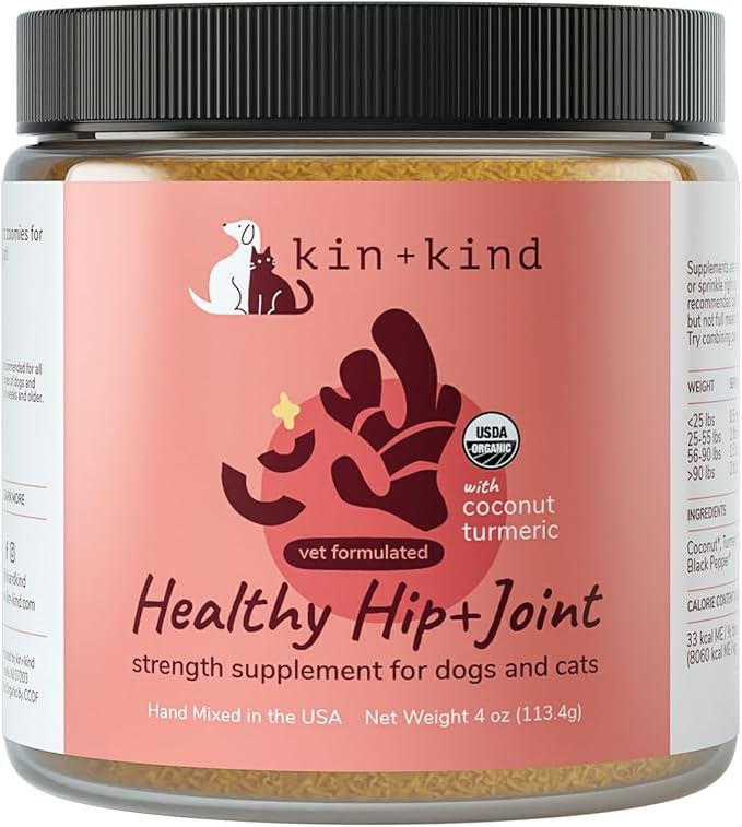 kin+kind Hip+Joint Supplement Dogs & Cats - Vet Formulated Natural Formula with Organic Turmeric, Black Pepper and Coconut- Made in USA - 4 oz (Medium)