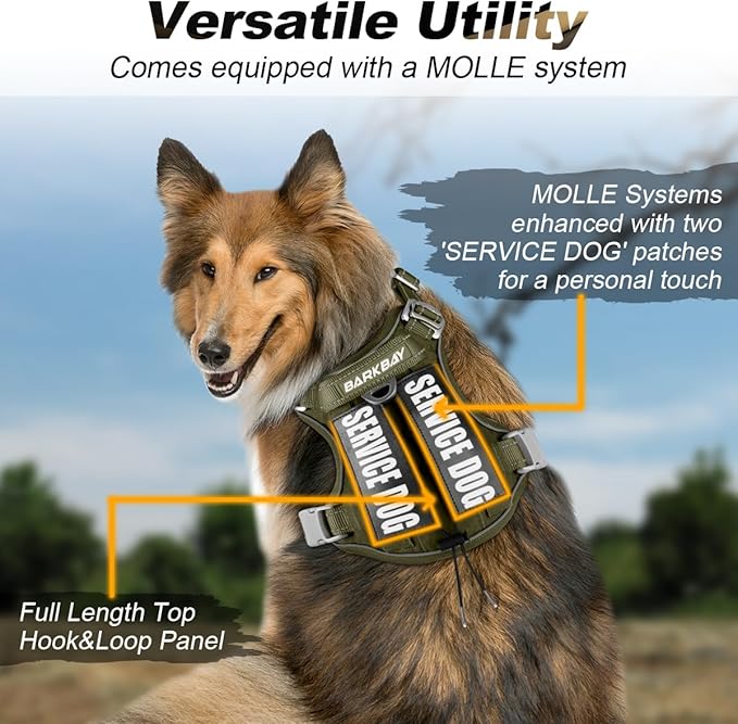 BARKBAY Service Dog Vest Tactical Dog Harness Medium Large Sized Dog Tags Personalized No Pull Adjustable Harness Reflective K9 Working Training Easy Control Military MolleSystem(Army Green,L)