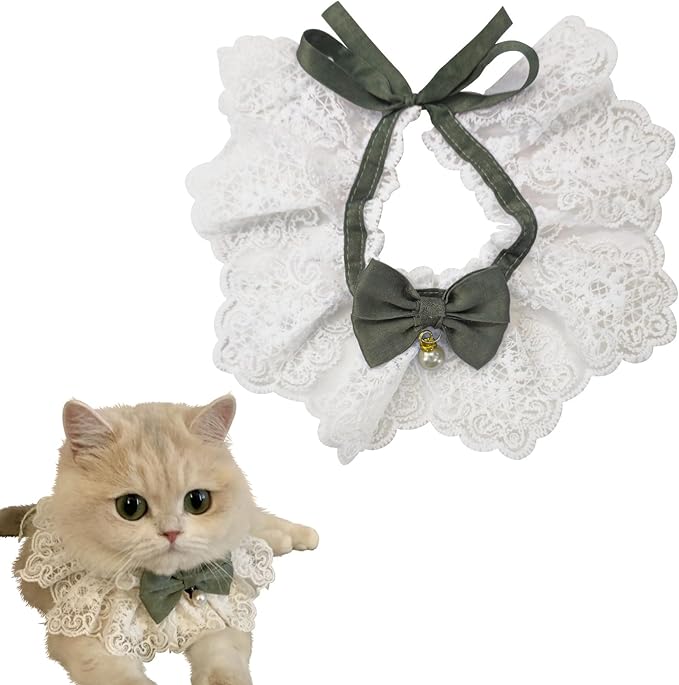 Elegant Lace Cat Collar with Cute Bow,Kitty Necklace with Bow Tie and Pearl,Pet Lace Bib Collar with Cute Bow,Cat Princess Costumes,Green,1 Piece