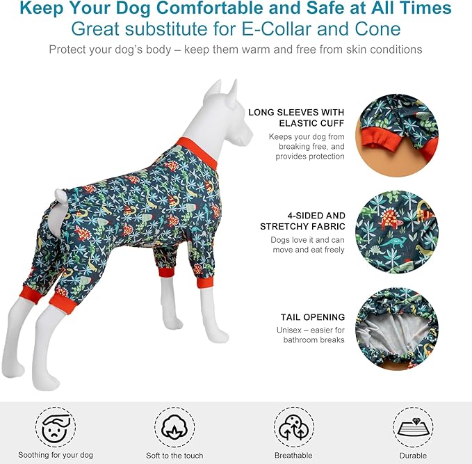 LovinPet Dog Sweatshirts for Large Dogs, Lightweight Stretchy Fabric, Dark Green Dinosaur Print, Sun Protection, Pet Anxiety Relief Shirt, Easy Wearing Dog Onesie, Dog Costume for Parties,3XL
