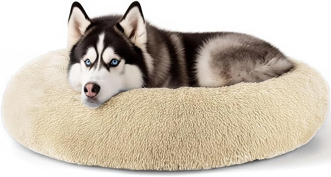 Extra Large Dog Beds, 36 Inch Human Dog Anxiety Relief Squishmallow Comfort Bed, Indestructible & Chew Proof Pet Beds (Light Brown)