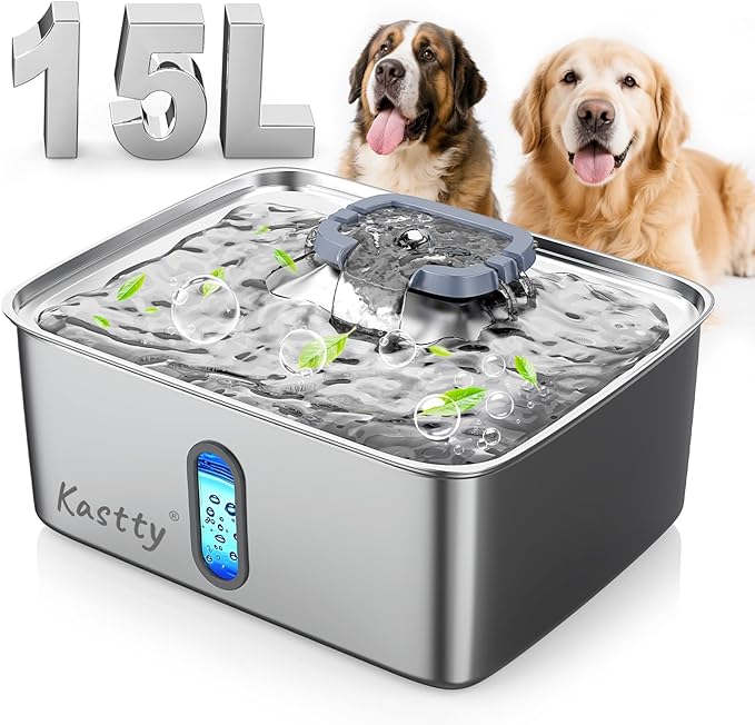 Kastty 15L/3.96 Gal Stainless Steel Dog Water Fountain, Large Capacity Dog Water Bowl Dispenser Quiet LED Light Triple Filtration BPA-Free, Automatic Pet Water Fountain Easy Cleaning Grey FS78