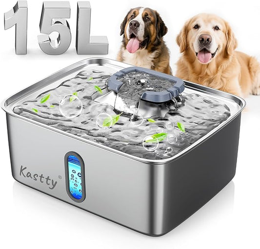 Kastty 15L/3.96 Gal Stainless Steel Dog Water Fountain, Large Capacity Dog Water Bowl Dispenser Quiet LED Light Triple Filtration BPA-Free, Automatic Pet Water Fountain Easy Cleaning Grey FS78