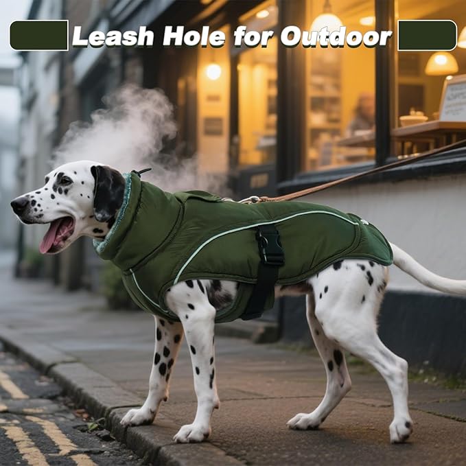DENTRUN Large Dog Winter Coat - Windproof Reflective Warm Coat, Adjustable Neck & Snap Closure, Water Repellent Thick Fleece Vest, Fleece Lined for for Golden Retriever, Army Green, XL
