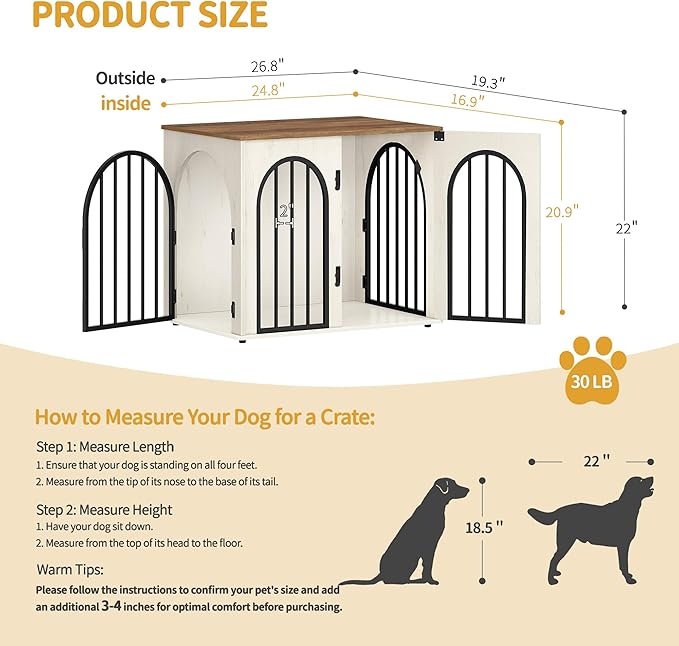 26.8'' Wooden Dog Crate Furniture, Indoor Dog Kennel Dogs Cage for Small Dogs, Heavy Duty Dog Crates Decorative Pet House End Side Table TV Stand, White Brown DFC85514B