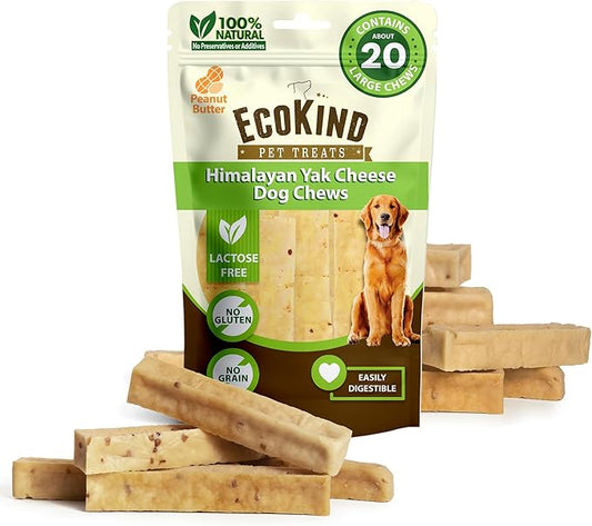 EcoKind Premium Gold Yak Cheese Himalayan Dog Chews, Dog Treats Large Breed, All Natural, High Protein Chew, Peanut Butter, Large - 18+ Chews