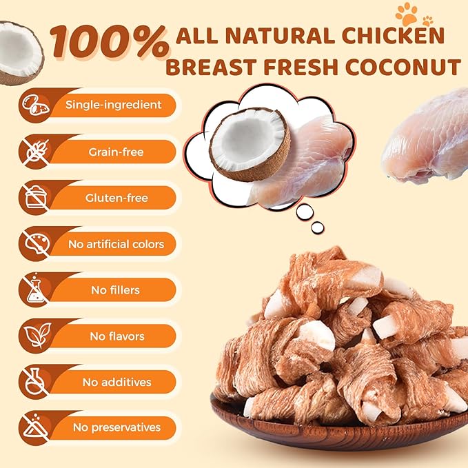 Chicken Wrapped Coconut Dog Treats, Healthy and 100% Natural Chicken Jerky Chewy Bites, Low Fat High Protein Training Snacks for Small Medium Large Dogs, Grain & Gluten Free, 10.58oz
