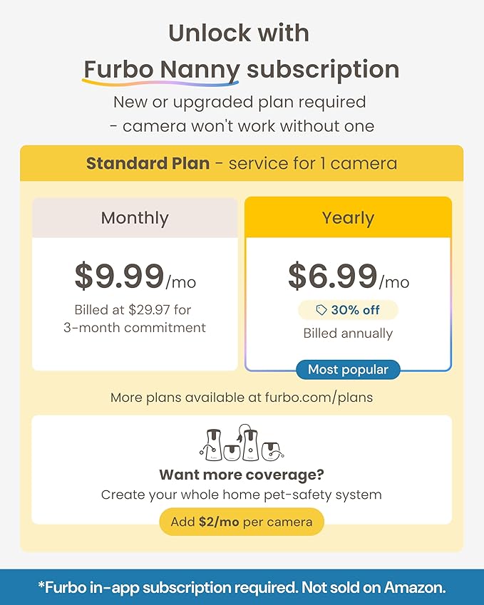 Furbo Mini Pet Camera - Unlock Camera & Smart Features w/Paid Plan: Home Security with Dog & Cat Safety Alerts, 2-Way Audio, Mountable Smart Cam w/Phone App (Subscription Required, 3mo Minimum)