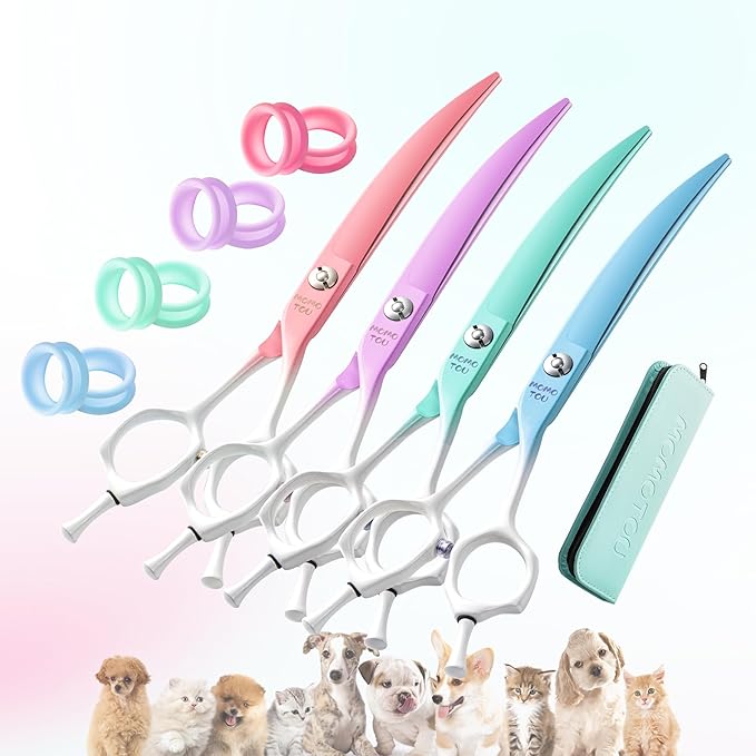 Curved Dog Grooming Scissors Blue to White Gradient 440C Stainless Steel Pet Grooming Shears Sharp Durable Dog Shears for Professional or Home Use Ergonomic Handle with 2 Silicone Finger Rings