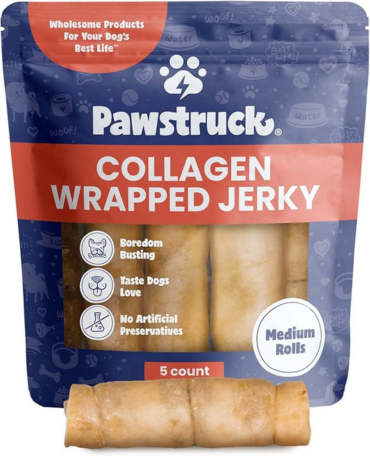 Pawstruck 2-in-1 Collagen Wrapped Jerky Natural Treats for Dogs - 5 Medium Rolls - Limited Ingredient Grain Free for Small, Medium, and Large Dogs