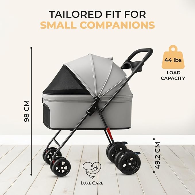 Luxe Haus 4 Wheel Foldable Pet Stroller - Lightweight Dogs and Cats Stroller Upto 44lbs with Mesh Canopy, Storage Basket and Cup Holder, Durable for Walks and Outings (Small)