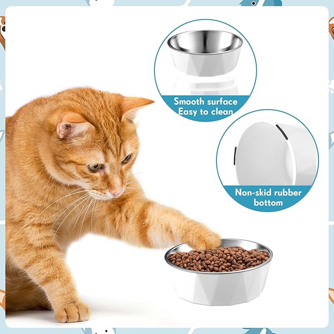 Lallisa 2 Pcs Elevated Cat Bowls Adjustable Raised Cat Feeder Non Slip Food Water with Stand Safe Stainless Steel Bowls with Pet Food Stand for Pets Feeding Eating(White)