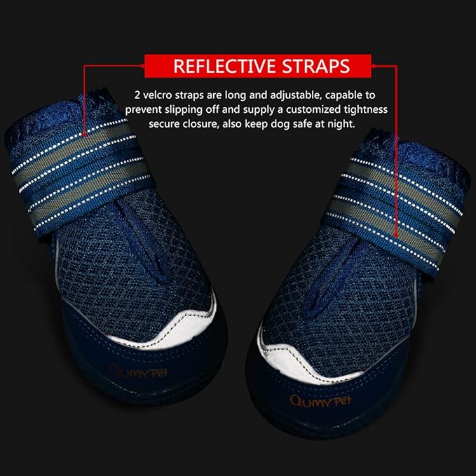 QUMY 4PCS Dog Boots for Large Dogs, Medium Dog Shoes & Paw Protectors for Hot Pavement, Summer Heat Protection, Mesh Breathable Nonslip Dog Booties for Hardfloors, Walking Running Hiking Blue Size 3