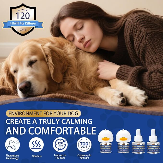 Dog Pheromone Calming Diffuser: Relaxing Pheromone Diffuser for Dogs Relief Stress Anxiety Fighting Scratching Barking, Dog Calming Pheromone Diffuser Kit with 2 Plug in Diffuser+4 Refill 48ml (6in1)