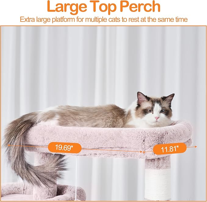 Heybly Cat Tree, 71-Inch-Tall Tower for Indoor Cats with 2 Perches, 2 Big Condos, 2 Hammocks, Basket, Scratching Pad, Large Cat Furniture and Condo, Mushroom HCT034MU