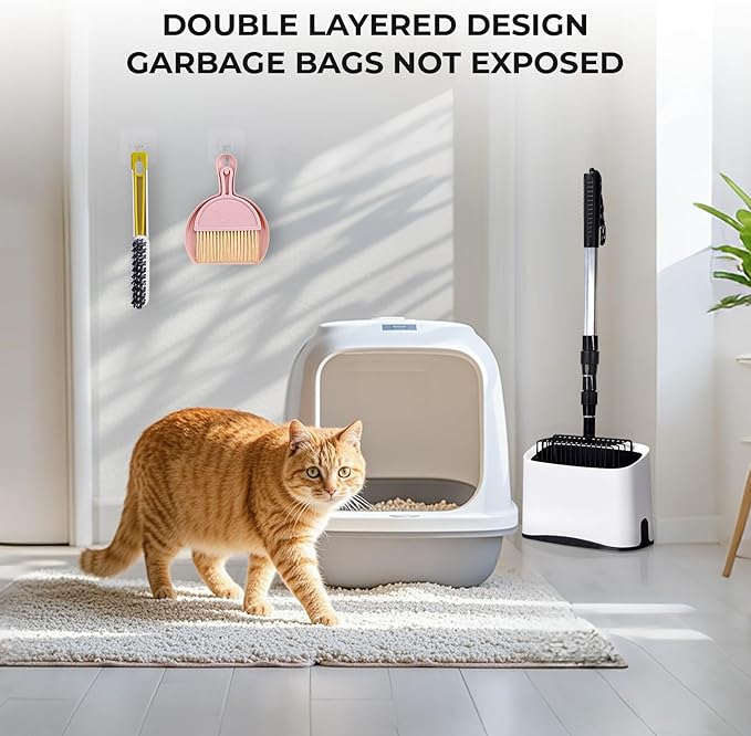 Litter Scoop Holder with Clean Kit,2-in-1 Mini Broom & Dustpan for Scattered Litter Food & Counter Trash,Cleaning Brush for Litter Box, Corners & Crevices with Built-in Tweezers to Remove Hair & Clogs