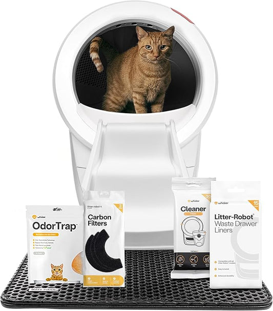 Litter-Robot 4 Supply & Accessory Bundle by Whisker, White- Automatic Self-Cleaning Cat Litter Box, Includes Litter-Robot 4, Ramp, Mat, 3 OdorTrap Packs, 10 Liners, 30 Wipes, & 2 Carbon Filters