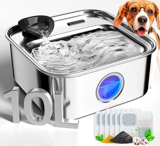 oneisall Dog Water Fountain, 2.6Gal/10L Stainless Steel Dog Water Bowl Dispenser with Deeper Drinking Aera & Washable Filter, Ultra-Quiet Pet Water Fountain for Small Medium Large Dogs(with 6 Fllters)